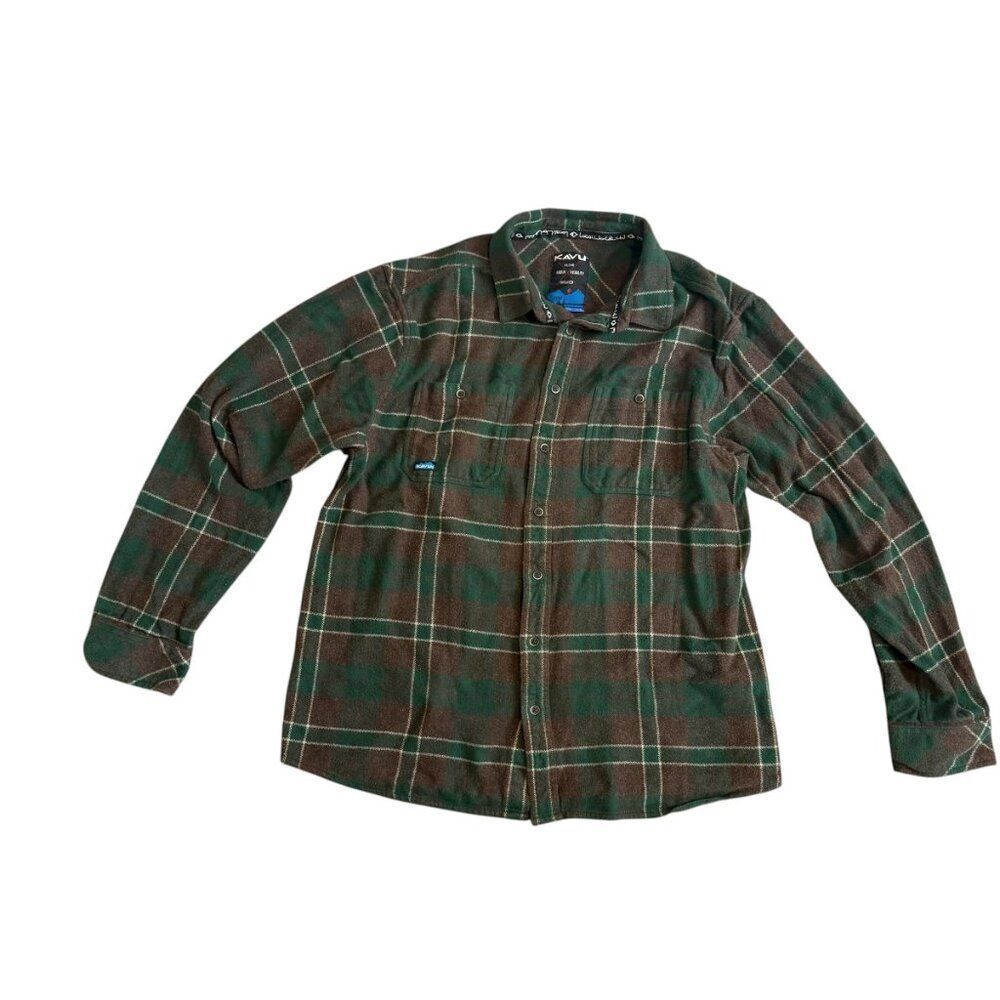 Kavu Flannel Shirt Mens Large 100% Cotton Button Up Green Brown Plaid